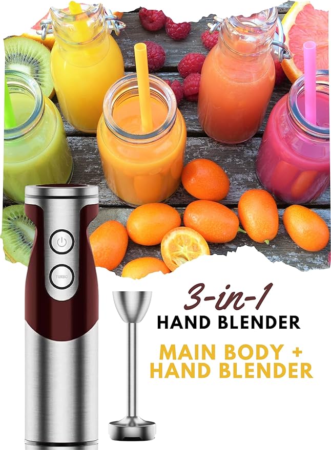 MegaWise Pro Titanium Reinforced 3-in-1 Immersion Corded Hand Blender, Powerful MOTOR with 80% Sharper Blades, 12-Speed Corded Blender, IncludingWhisk and Milk Frother (3-in 1 Red)