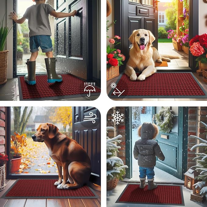 Smiry Front Door Mat Outside Entrance, Heavy Duty Natural Rubber Doormat, Non Slip, Trap Dirt and Moisture, Easy Clean, Low Profile Welcome Floor Mats for Indoor Outdoor Entry, 70x46.5 Inch, Red