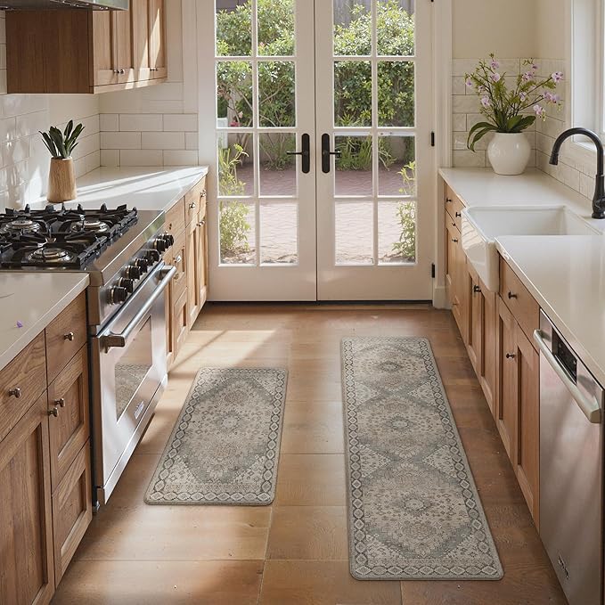 GENIMO Kitchen Mats for Floor, 2PCS Kitchen Rugs Non Slip Washable, Waterproof Anti Fatigue Mat, Comfort Standing Runner Rug for Sink, Office, Laundry, Home, 17.3"x59"+17.3"x30", Blush Camel