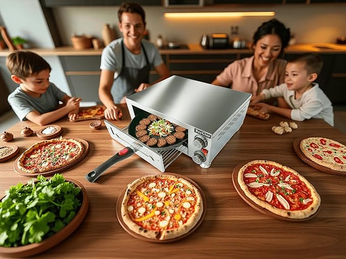 Electric Pizza Oven Indoor, Countertop Pizza Oven with Two 12 inch Baking Trays, Oven Mitts,Commercial Pizza Maker for Home, Stainless Steel Pizza Cooker with Visual Window, Removable Handle