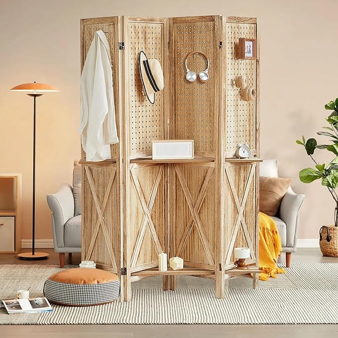 4 Panel Pegboard Display with 16 Hooks, Wooden Pegboard Room Divider Wall with Shelf, Partition Room Dividers and Folding Privacy Screens, Bedroom, Jewelry Store, Natural