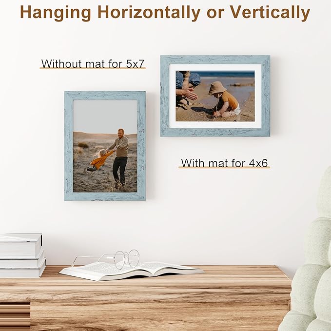 Vittanly 5x7 Picture Frame, Solid Wood Frame with Plexiglass, Includes 4x6 Mat, Wall Hanging or Tabletop for Home Decor, Rustic Blue, 1 Pack