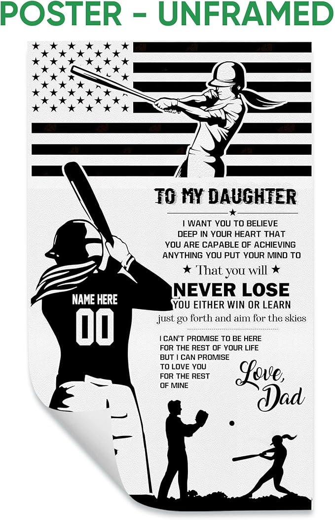 Custom Softball To My Daughter From Dad Sports Motivational Gift Personalized Name Number Poster & Framed Canvas, Wall Art Home Office Decoration Living Room Bedroom Aesthetic Decor
