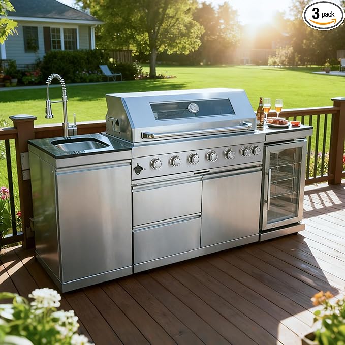 82 Inches 6-Burner 85000 BTU Deluxe Stainless Steel Propane Gas Outdoor Kitchen Bar Barbecue Island Grill with Wine Cooler, Compact Refrigerator, Rotisserie, Granite Countertops & Storage, Silver