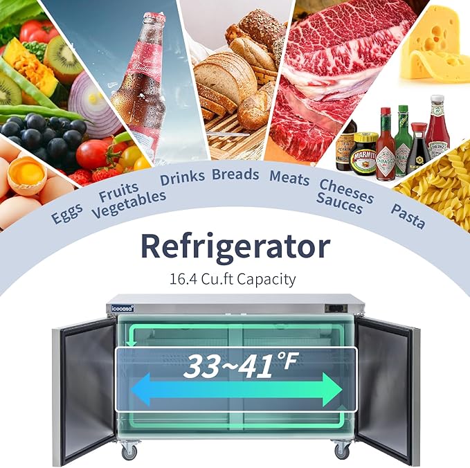 ICECASA 60" W Commercial Refrigerator Worktop Undercounter Refrigerator Double Door Stainless Steel Counter Fan Cooling Refrigerator 16.4 Cu.ft for Restaurant, Bar, Shop, etc