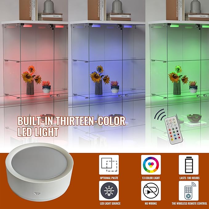 Yoluckea 4 Tier Glass Display Cabinet with LED Lighting and 2 Drawers, 2 Doors Floor Standing Curio Cabinet with Wheel for Home, Office, Corner Display, White Glass Bookshelf for Collections and Decor