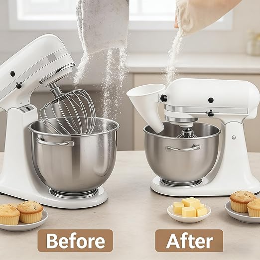 Universal Flour Funnel Attachment for Tilt-Head Stand Mixers (4.5–5 Qt), No-Mess Easy-Pour Baking Accessory, Wide-Mouth Anti-Splash Design, Dishwasher-Safe Tool for Dry & Liquid Ingredients (Blue)
