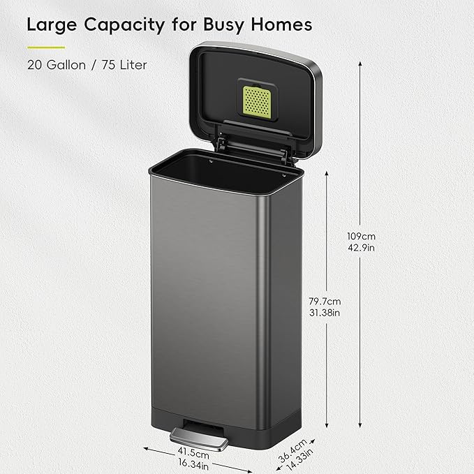 EKO Hudson Stainless Steel 75 Liter/20 Gallon Large Kitchen Trash Can, Tall Step Garbage Can with Rear Bag Storage Compartment, Gunmetal