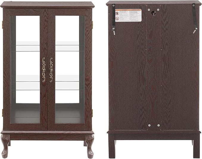 43" H Lighted Curio Cabinet Display Case, Glass Curio Cabinet with Adjustable Shelves and Tempered Glass Door, Wooden Cabinets w/Mirrored Back Pane for Living Room (Dark Cherry)