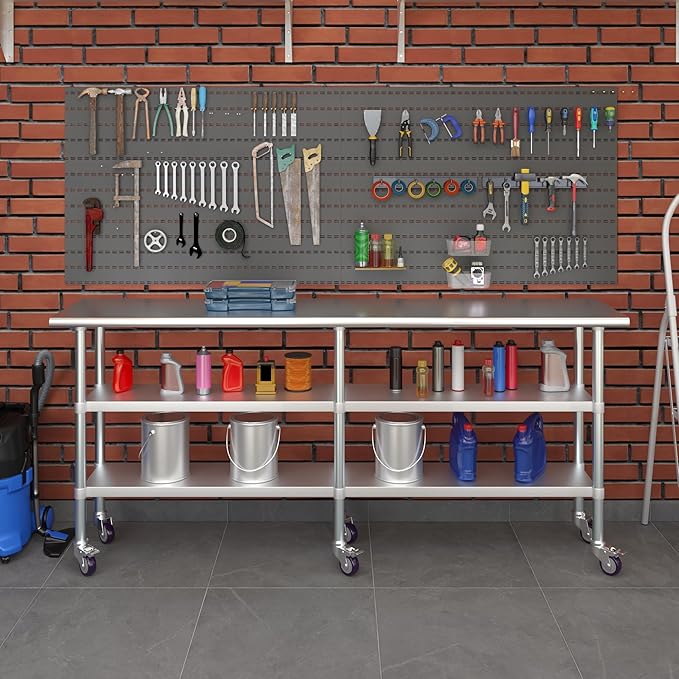 AmGood Stainless Steel Work Table with 2 Shelves and Casters | Metal Utility Table On Wheels (Stainless Steel Work Table with 2 Shelves + Casters, 84" Long x 18" Deep)