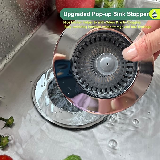 Kitchen Sink Drain Strainer, Sink Strainer, 3 in 1 Kitchen Sink Stopper, Sink Drain Stopper with an Extra Anti-Clog Sink Strainer Basket for Standard 3-1/2" Drain, Brass Material Electroplated Chrome