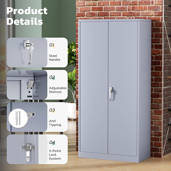 Greenvelly Metal Garage Storage Cabinet with 2 Doors and 4 Adjustable Shelves, 72”H Steel Lockable Storage Cabinet,Tall Metal Cabinet Locking File Cabinet for Office,Home, Garage, Gym, School