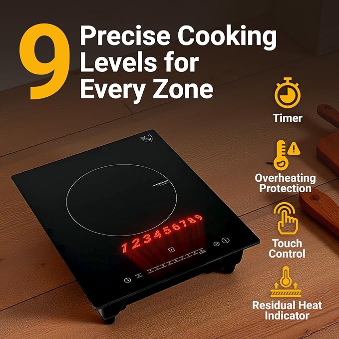 K&H Single Induction Cooktop - Built-In Electric Stove Top with 9 Heating Levels - 120V & 1800W Built-in Single Burner Ceramic Glass Induction Cooktop - Touch Control, Timer & Child Lock, SIN-1801