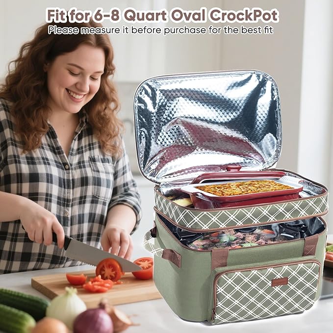 Double Layer Slow Cooker Carrier Bag for 6-8 Quart Oval CrockPot, Insulated Crock Pot Travel Bag with Top Zip Compartment and Front Pocket for Utensils