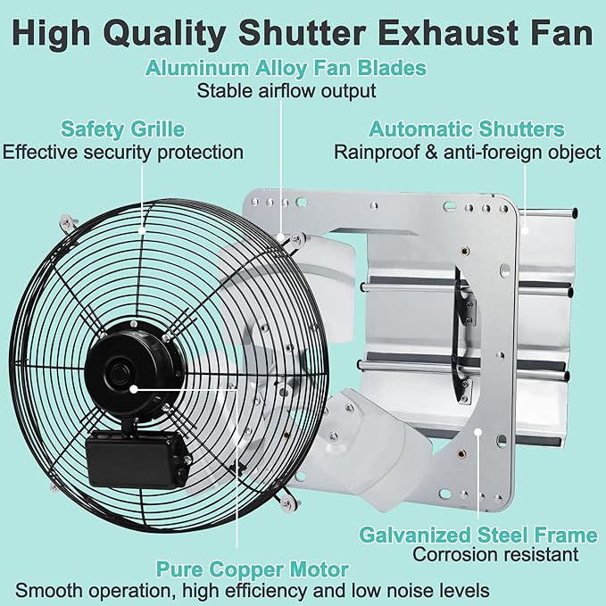 14 Inch Shutter Exhaust Fan, Wall Mount Attic Fan with Power Cord for Greenhouses, Sheds, Garages, Chicken Coops, Barns Ventilation, 1088 CFM High Power