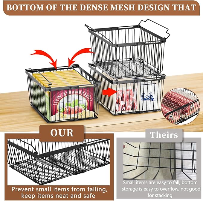 Large Freezer Organizer Bins，Upgraded Bottom Leak-Proof net，Fit 5 to 9 Cu Ft Chest Freezer，6 Pack， Expandable Stackable Chest Freezer Containers with Handle (Black-6P)