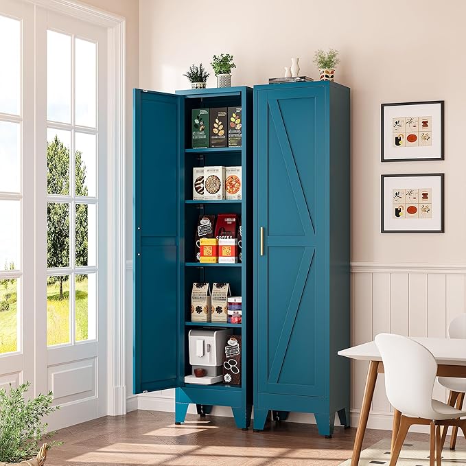 Narrow Bthroom Storage Cabinet Tall Metal Storage Cbinets with 4 Adjustable Shelves Freestanding 5 Tier Slim Pantry Cabinet for Kitchen Office Small Space