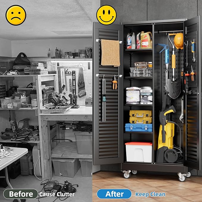 Aobabo Broom Closet Storage Cabinet,Lockable Garage Storage Cabinet with 4 Adjuatable Shelves,Required Assembly,Black,70.87''H*31.5''W*15.75''D