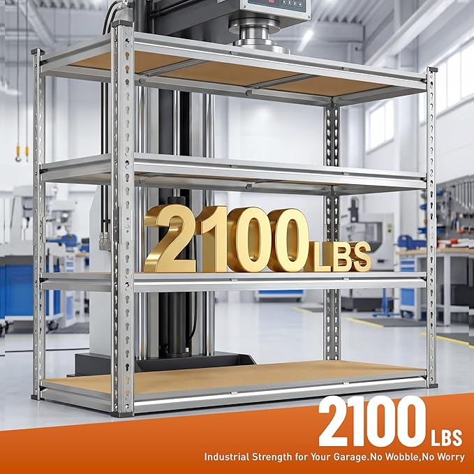 Garage Shelving Load 2100LBS, 4-Tier Storage Shelves, Adjustable Garage Shelves, Shelving Units and Storage, Metal Shelf for Kitchen, Pantry, Warehouse, 48" W x 60" H x 17.9" D, Galvanized