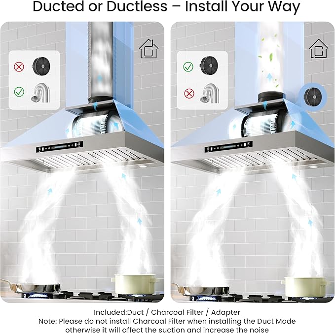 IKTCH 36-inch Wall Mount Range Hood 900 CFM Ducted/Ductless Convertible, Kitchen Chimney Vent Stainless Steel with Gesture Sensing & Touch Control Switch Panel, 2 Pcs Adjustable Lights(IKP02-36'')