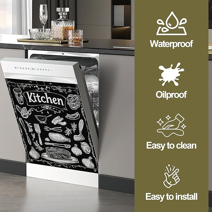 Funny Kitchen Dishwasher Magnet Cover,Black Kitchen Decor Waterproof Refrigerator Magnet Appliance Cover Protector,23Wx26H Inches