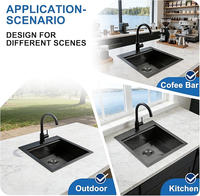 Scamall 15x15x9 Drop In Kitchen Sink Workstation, Nano Black 304 Stainless Steel Deep Single Bowl with Quick Drainage & Tarnish-Free Surface for Bar, Laundry, RV, Includes Accessories