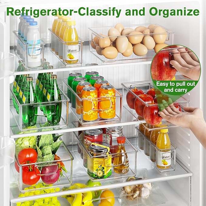 10 Pack Fridge Organizer Bins, Freezer Organizer Clear Stackable Storage Bins with Handles for Pantry, Cabinets, Kitchen, Home Organization Must Haves