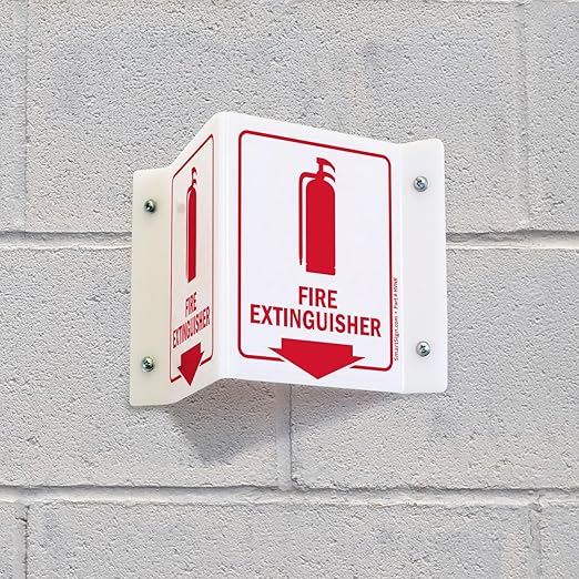 SmartSign (4-Pack) Fire Extinguisher Projecting Sign - 5" x 6", Two-Sided Wall Mount Polished Acrylic Corridor V-Sign with Down Arrow, Red on White