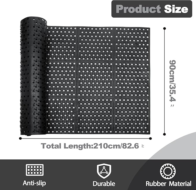 MYOYAY 83"x 36" Commercial Anti-Fatigue Drainage Rubber Mat Roll Non-Slip Rubber Drainage Mat Heavy Duty Commercial Restaurant Bar Rubber Floor Mat with Holes Non-Slip Wet Area Use Door Mat Black