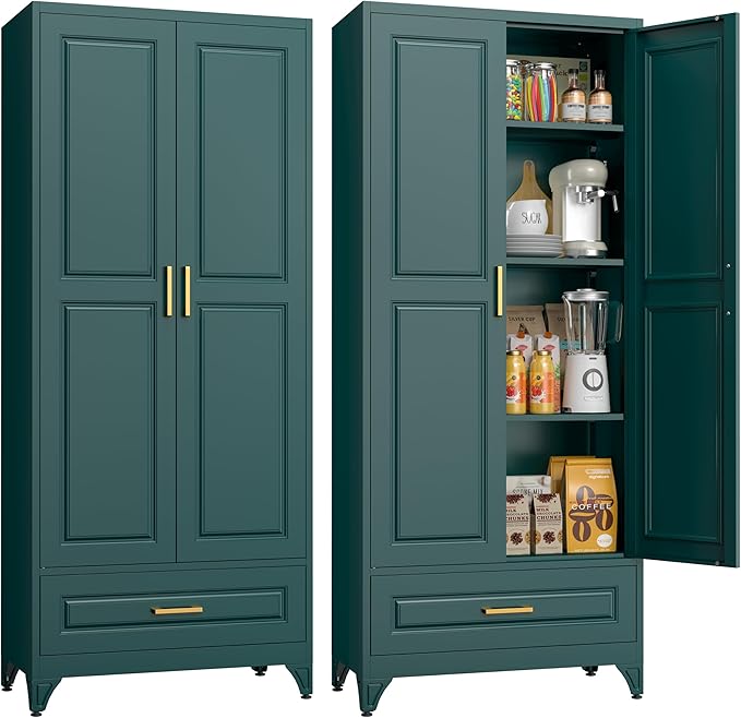 75" Tall Metal Storage Cabinet, Kitchen Pantry Storage Cabinets with Doors and 3 Shelves, Food Pantry Cabinet with Drawer, Utility Kitchen Cupboard, Large Steel Cabinets for Dining, Green