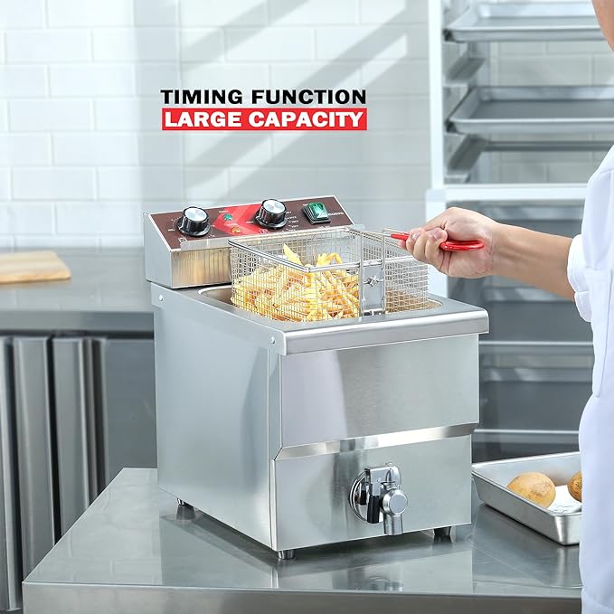 EGGKITPO Deep Fryer 12L Large Electric Fryer with Oil Drain and Timer Deep Fryer with Basket and Lid Stainless Steel Countertop fryer Commercial Fryer for Restaurant and Home Kitchen 120V 1750W