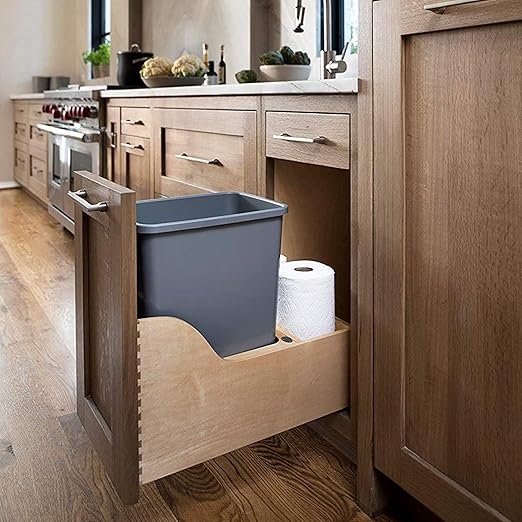 Rev-A-Shelf Pullout Trash Can for Kitchen Cabinet, Single 35 Qt Bin with 12" Wood Frame - Large Garbage Bin Container for Home Waste Storage and Recycling