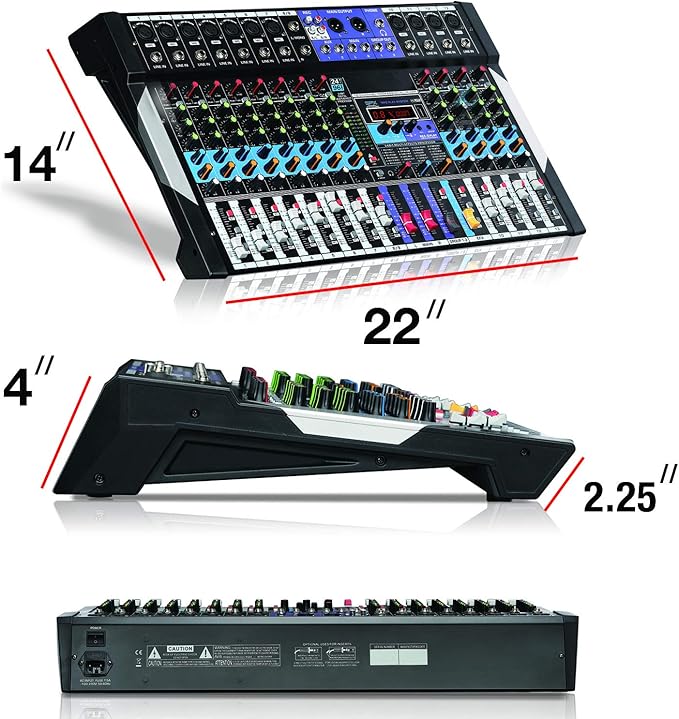 Boytone 12 Channel Bluetooth Studio Audio Mixer - DJ Sound Controller, USB MP3 Player, PC Recording, 96 KHZ, 11 Microphone Jack, 48V Phantom Power, 24BIT Digital Effect, Metal chassis, unpowered