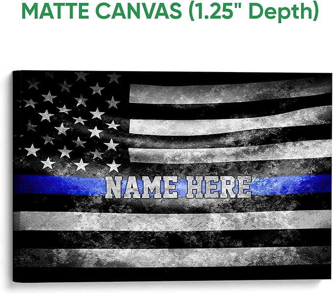 Personalized Police Poster & Framed Canvas, American Flag With Blue Line Home Office Decor, Custom Name Bedroom Living Room Aesthetic Wall Art Gift For Law Enforcement, First Responder
