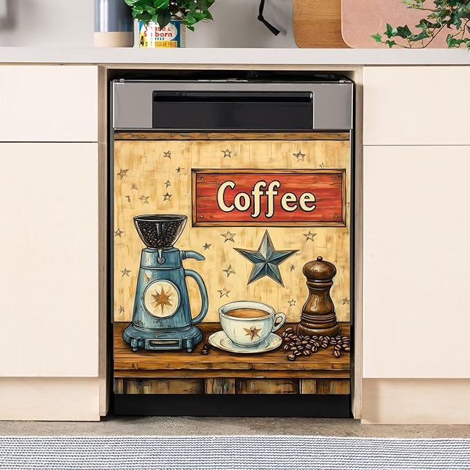 Vintage Coffee Dishwasher Magnet Cover,Retro Coffee Maker Magnetic Dishwasher Cover Vinyl Sticker,Coffee Bean Fridge Door Cover Magnets Art Skin Panel Decal,Home Decor Decal,23"X26"