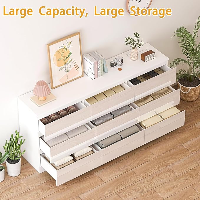 9 Drawers Dresser with Charging Station, Modern Large Dresser with 9 Handle Free Drawers, Wood Chest of Drawers for Bedroom, Living Room, Entryway, Hallway, White