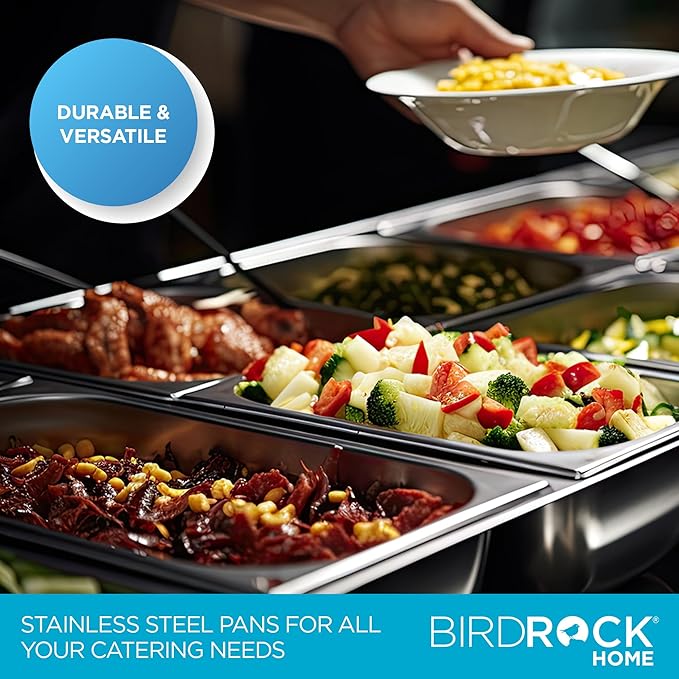 BIRDROCK HOME Stainless Steel Steam Table Pan Lids - Restaurant and Catering Supplies - 24 Gauge Steel - Perfect for Meal Prep, Cooking, and Food Storage Container - 6 Pack, Fits 1/3-Size Hotel Pans