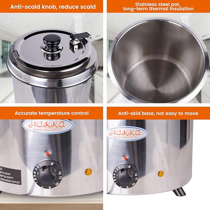 6Qt Commercial Soup Warmer, 300W Soup Kettle Buffet Food Warmer with Hinged Lid & Detachable Pot, Temperature Control (105-195°F) for Soups, Chili, Nacho Cheese - Silver
