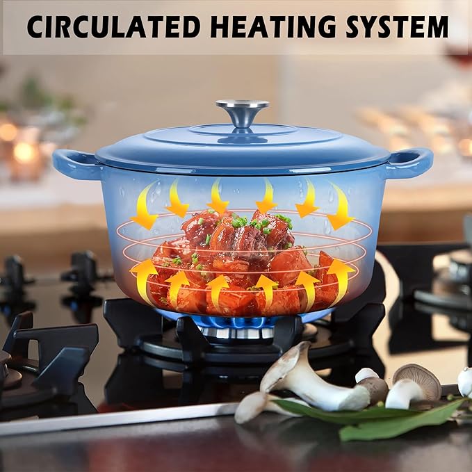 TeamFar 3qt Dutch Oven, Small Enameled Cast Iron Dutch Oven Pot with Lid, For Bread Baking/Stewing/Braising/Frying, Various Stoves & Oven Safe, Non-stick & Easy Clean, Blue