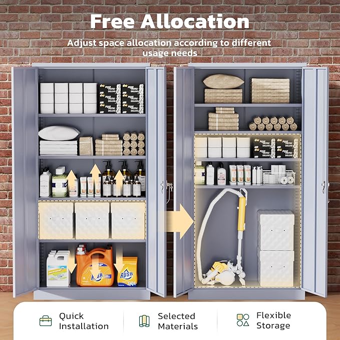 Greenvelly Metal Garage Storage Cabinet with 2 Doors and 4 Adjustable Shelves, 72”H Steel Lockable Storage Cabinet,Tall Metal Cabinet Locking File Cabinet for Office,Home, Garage, Gym, School