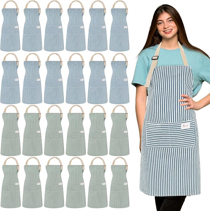 Janmercy 24 Pcs Aprons for Women Men with 2 Pockets Linen Cooking Kitchen Apron Adjustable Bib Chef Apron Bulk Aprons Unisex
