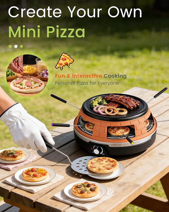 Multifunction Raclette Grill & Mini Pizza Oven, 1200W Electric Pizza Oven with Flat Griddle Top, Indoor Grill with 6 Mini Pizza Baking Slots, Temperature Control, Personal Pizza Maker, PM-01