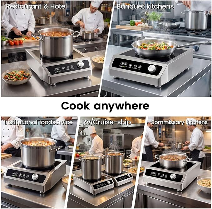 3500W Commercial Induction Cooktop, NESTIQEX 208V 3-Phase Large Induction Burner with 20 Power & Temp Levels, 9" Large Coil, 24h Timer, Pro Electric Countertop Burners for Restaurant