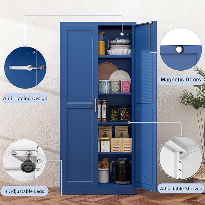 71” Metal Tall Kitchen Pantry Cabinet,Storage Cabinet with Doors and Adjustable Shelves,Modern Kitchen Hutch Cabinets,Freestanding Cupboard for Dining Room