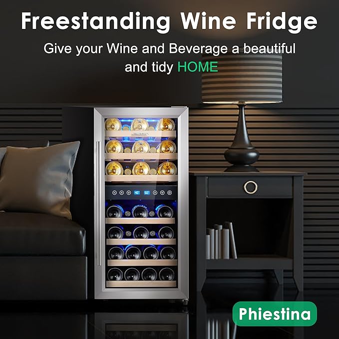 Phiestina Wine Cooler Refrigerator 16 inch Freestanding Wine Refrigerator 33 Bottles Dual Zones Mini Wine Fridge Auto Defrost with Temperature Memory Glass Door 7 Removable Shelves Quiet