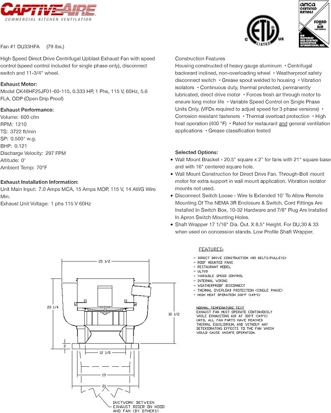 Low Profile Grease Rated Food Truck Exhaust Fan-High Speed Direct Drive Centrifugal Upblast Exhaust Fan with speed control- 21" Base, 0.33 HP 115 Volt Single Phase Motor, 500-1000 CFM (DU33HFA)