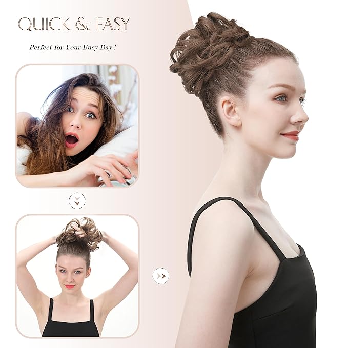 FESHFEN Large Messy Bun Hair Piece - Wavy Synthetic Chignon Scrunchies Elastic Ponytail Hair Extensions Thick Hairpieces for Women, Dark Salt and Pepper 1.94oz