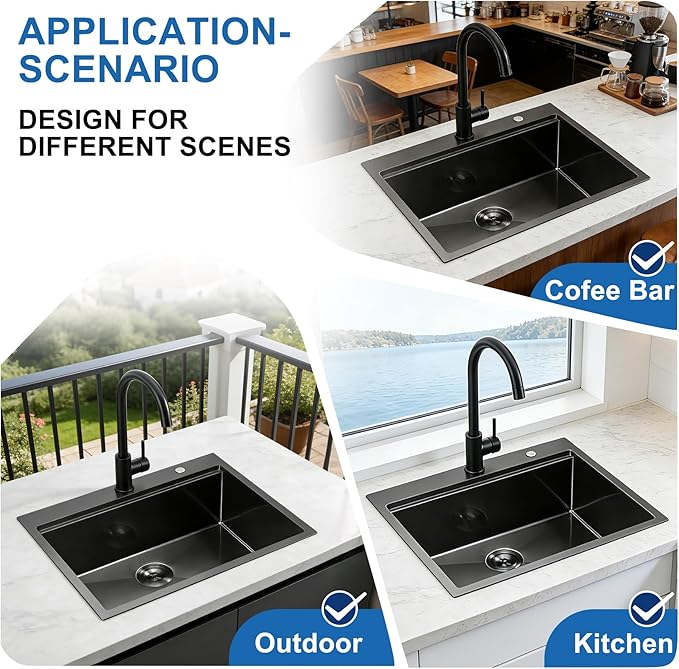 Scamall 25x22x10 Drop In Kitchen Sink Workstation, Nano Black 304 Stainless Steel Deep Single Bowl with Quick Drainage & Tarnish-Free Surface for Bar, Laundry, RV, Includes Accessories