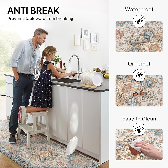 GENIMO Kitchen Mats for Floor 2PCs, Washable Anti Fatigue Mat for Cushioned, 17.3"x59"+17.3"x30", Waterproof Kitchen Rugs, Non Slip Comfort Standing Mat Rug for Home, Sink, Laundry, Blue&Salmon