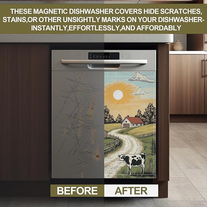 Magnetic Dishwasher Cover,Farmhouse Reusable Dishwasher Magnetic Cover Cow Decorative Door Covers Panel for Home Kitcen 23" x 26"